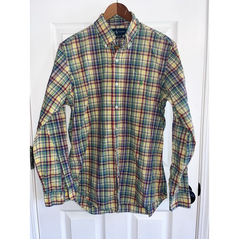 Ralph Lauren Yellow Blue Green Plaid Long Sleeve Shirt Custom Fit Mens M - Picture 2 of 9